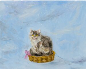 Karen Kilimnik "The cat sitting in its favorite basket out in the blizzard, the Himalaya", 2020